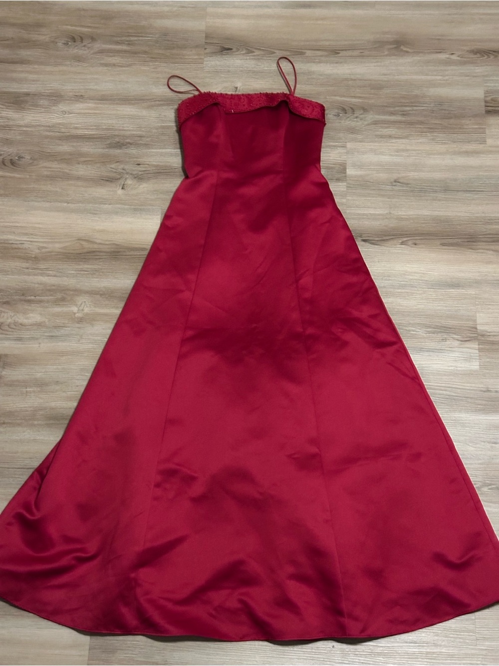 Michelangelo Crimson Satin Spaghetti-Strap Prom Gown